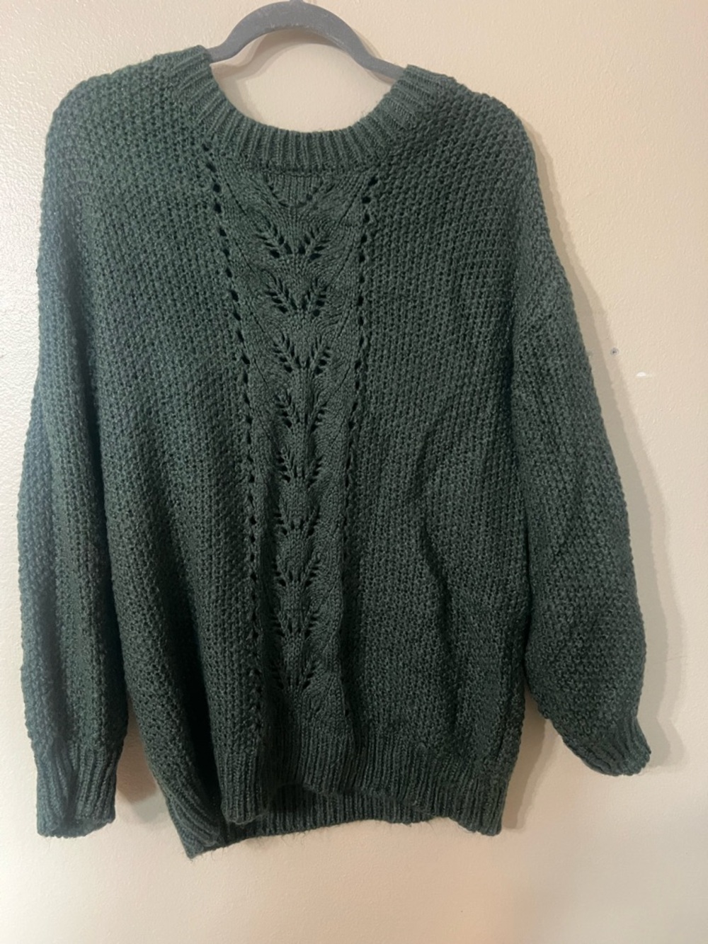Textured Dark Green Cable-Front Crewneck Sweater